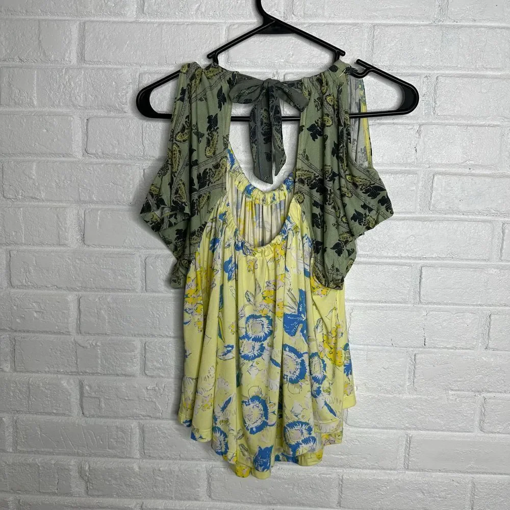 Free People Baja Babe Tie Back Cold Shoulder Top Yellow and Green size‎ Small